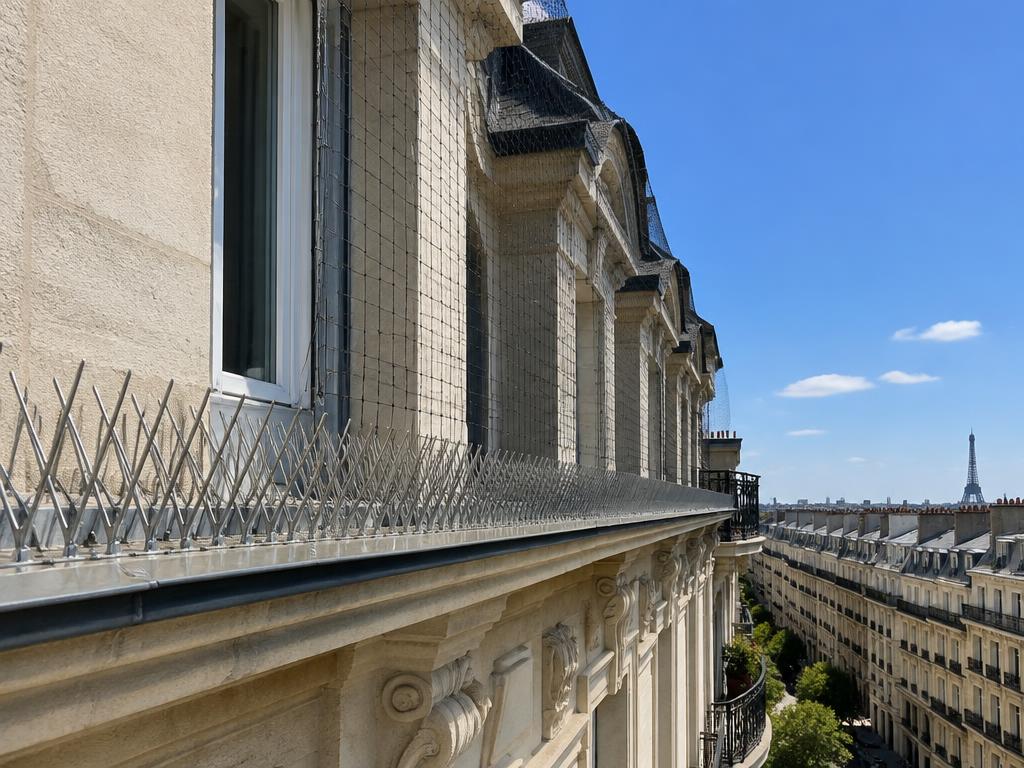 Pics anti-pigeons installés sur une façade parisienne