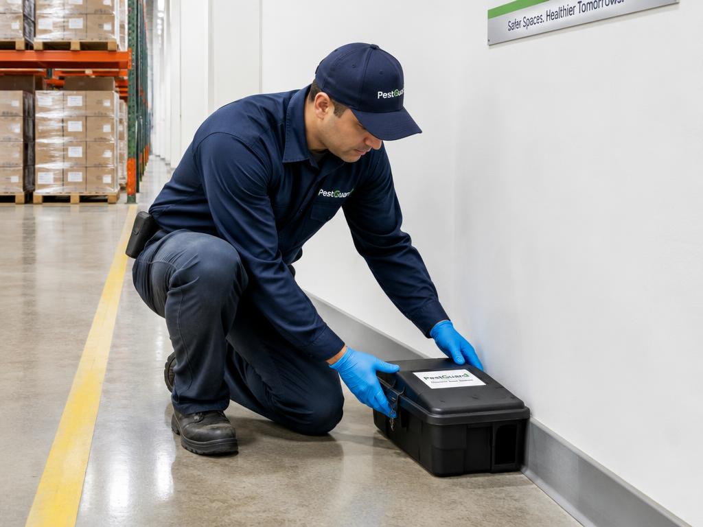 Technicien installant un poste d’appâtage sécurisé dans un entrepôt